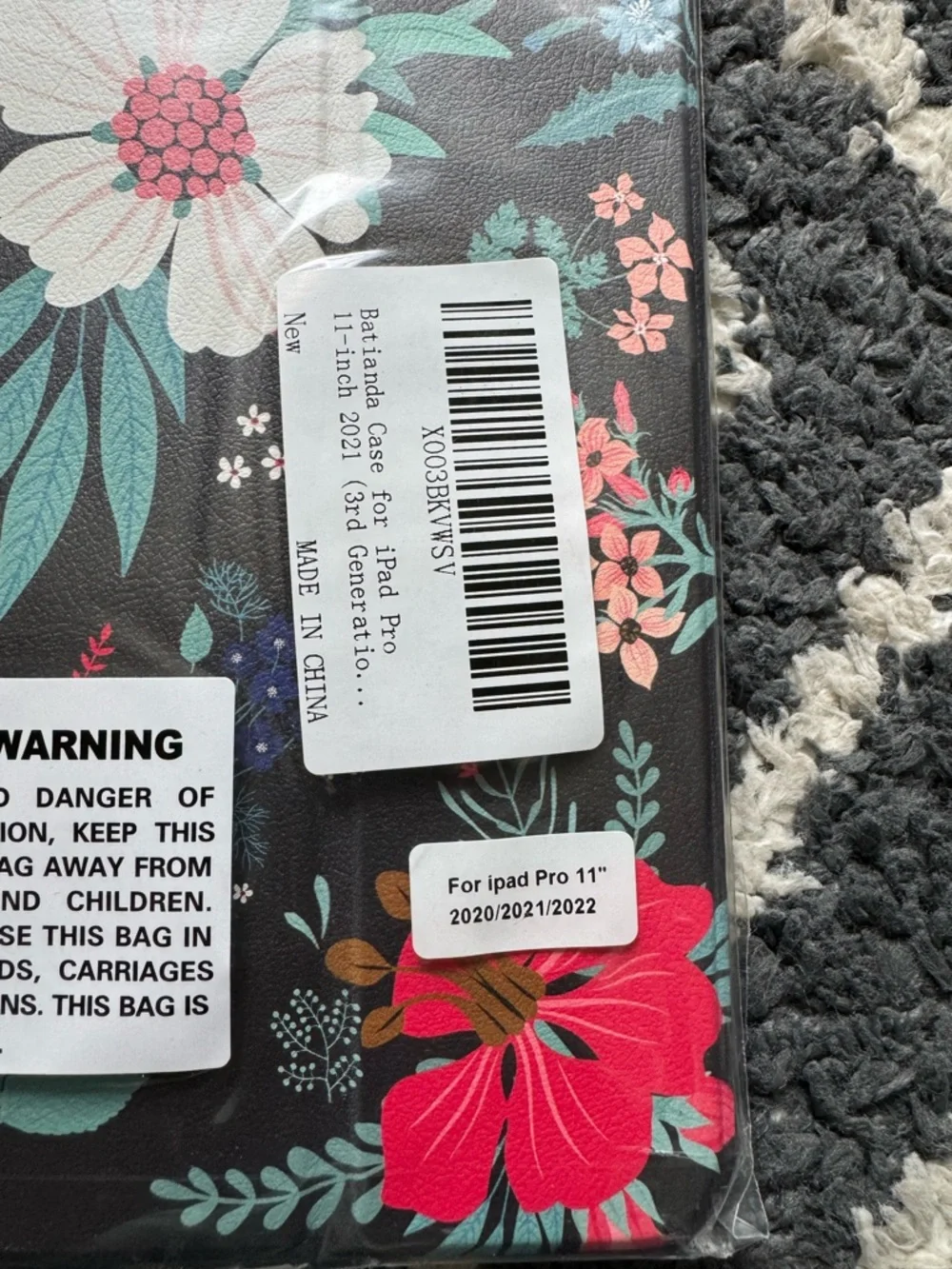 Floral Tablet Case - Black Background with White, Pink & Teal Flowers